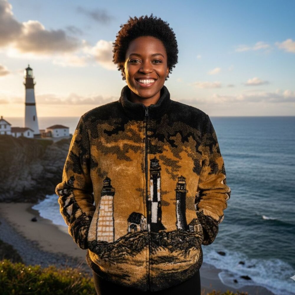 ZooFleece Orange Lighthouse Nautical Coastal Sweater Berber Fleece Jacket S-M